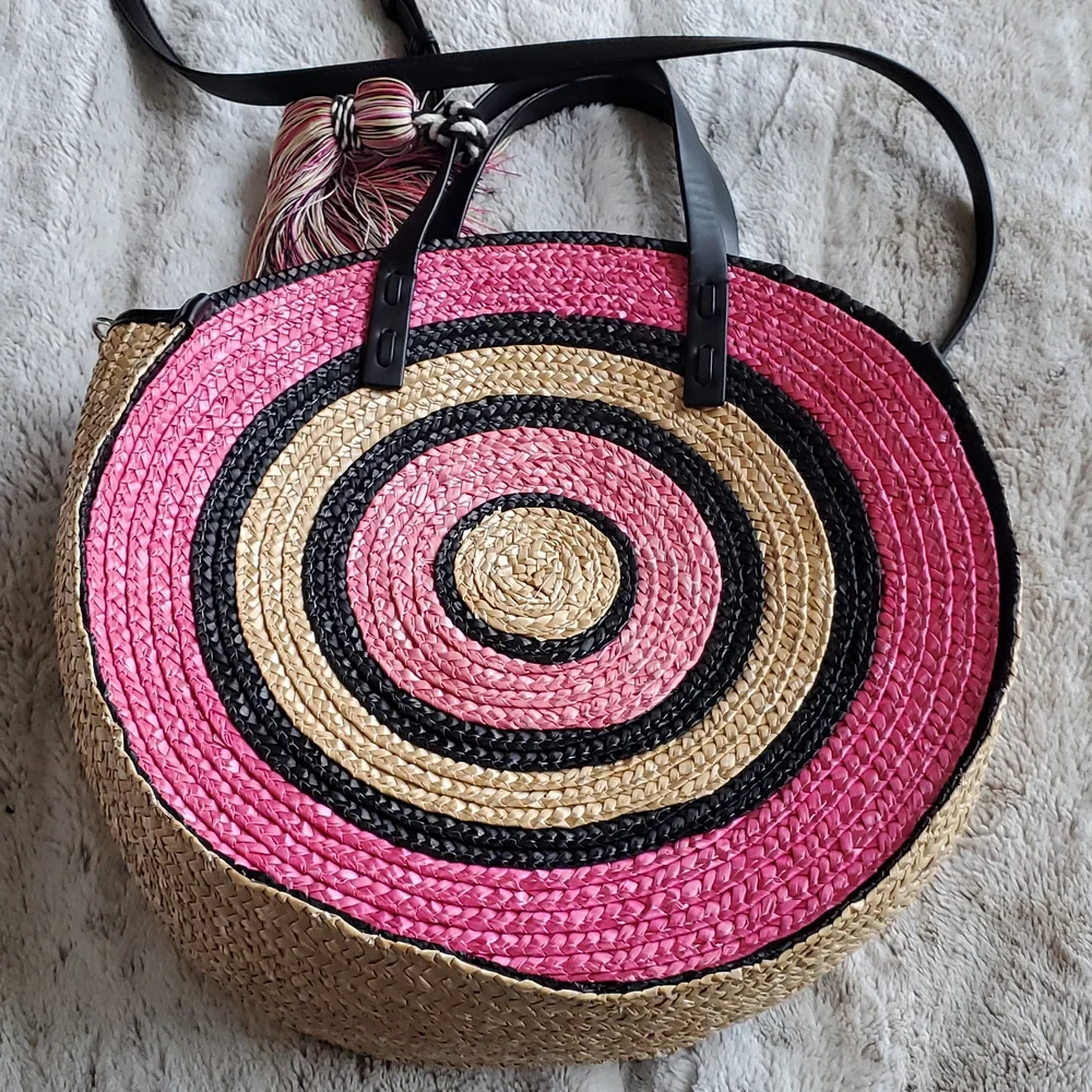 Rebecca Minkoff Pink and Beige Wicker Concentric Circle Tote Hand Bag - Picture 9 of 10